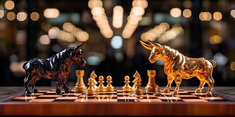 Leinwandbilder - A shrewd investor, his eyes gleaming with strategic intent, meticulously placed chess pieces on a meticulously sculpted board, its intricate design mirroring the stock ex