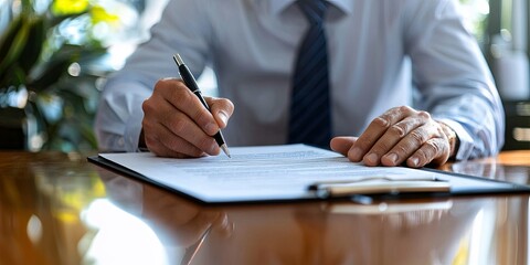 Fototapete - A man, his brow furrowed in concentration, meticulously signed a life insurance policy document, his gaze unwavering as he committed his financial future to the security