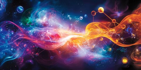 Fototapete - A vibrant banner, adorned with atoms swirling in a cosmic ballet and the chemical formula for water, proclaiming the wonders of chemistry.