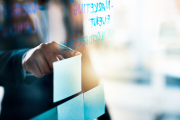 Aufkleber - Office, pointing and glass wall for sticky note, planning and erp notes with report. Businessman, hand and feedback for strategy, schedule and task for brainstorming or b2b project management