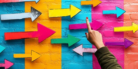 Leinwandbilder - A woman s confident finger points towards one of many diverging arrows in a contemporary art collage, symbolizing strategic decision-making and the path to achieving one
