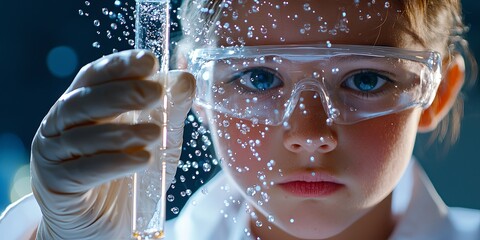 Fototapete - A young scientist, eyes focused and hands steady, carefully poured a clear, viscous liquid into a test tube, the delicate bubbles rising to the surface like miniature sta