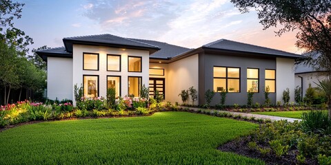 Aufkleber - A sleek model home, its windows showcasing the interior s allure, served as a stage for a crucial moment: a face-to-face meeting between a customer and a real estate agen
