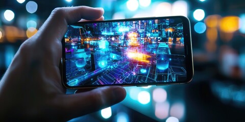 Leinwandbilder - A sleek, futuristic smartphone, its screen displaying a vibrant, holographic metaverse, transports a person into a digital realm where they interact with other avatars, e