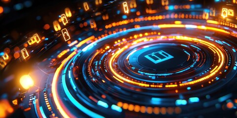Leinwandbilder - A digital shield of glowing locks encircles a stream of data as it traverses the network, a visual metaphor for the unbreakable security of data encryption.
