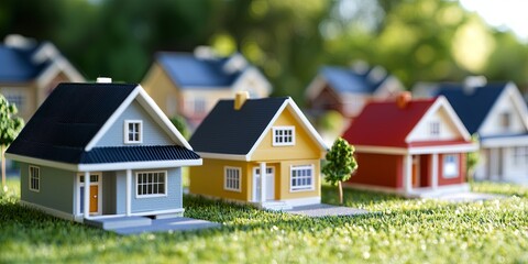 Aufkleber - A real estate agent presents a selection of homes to potential buyers, alongside mortgage loan contracts, including a hire purchase agreement and a sale of house contract
