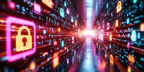 Poster - A secure fortress of digital data, where encrypted streams, guarded by lock and shield icons, flowed like a shimmering pathway between devices, signifying the impenetrabl