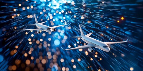 Poster - A vibrant tableau of two white planes, soaring in unison, one a beacon of innovation, the other a bold innovator, on a canvas of deep blue, symbolizing the power of diver