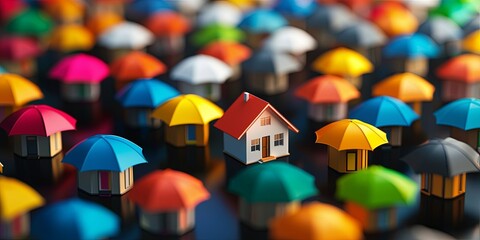 Aufkleber - Amidst a sea of tiny, colorful umbrellas, individuals stand, models of homes in hand, symbolizing the vital role of fire insurance in safeguarding our homes and dreams.