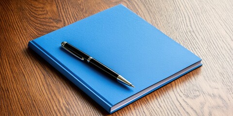 Aufkleber - A pristine blue notepad lay open on a sleek wooden table, a pen poised ready to record thoughts and ideas, a symbol of preparation for an upcoming meeting. The clean, min