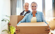 © CamPen2000/peopleimages.com - Mature couple, box and portrait in home for moving, mortgage or package in morning. Man, woman and cardboard and container with fresh start, property or happy for investment in real estate in Italy
