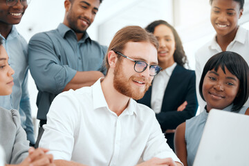 Poster - Laptop, staff and mentor for online project in office, teamwork and teaching interns in meeting. Business people, talking and website for company planning, support employees and feedback report