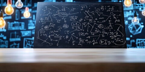 Fototapete - A pristine black chalkboard, its surface adorned with intricate formulas in physics and mathematics, a testament to the power of human intellect to unravel the mysteries