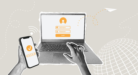 Fashionable halftone collage. Secure login and two-factor authentication on laptop and smartphone. Password verification concept with two factor authentication, SMS notification with security code to