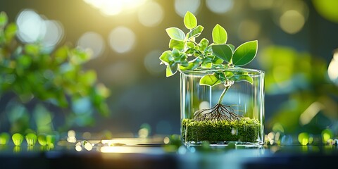 Fototapete - A microscopic laboratory, a canvas of green, where genetic manipulation unfolds. A sapling s roots dip into a beaker of nutrient-rich water. The abstract concept of plant