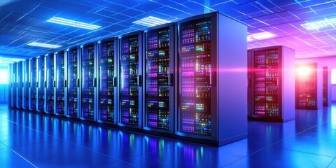 Poster - A server rack, its metallic skin gleaming under the soft glow of LEDs, housed multiple servers, connected by a web of intricate cables, signifying the bustling heart of a