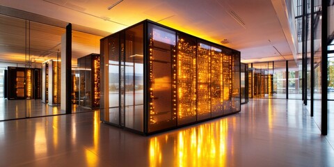 Aufkleber - A server rack, its metallic skin gleaming under the soft glow of LEDs, housed multiple servers, connected by a web of intricate cables, signifying the bustling heart of a