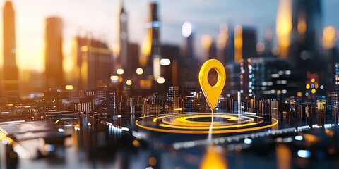 Fototapete - A vibrant yellow target pin, symbolizing strategic vision and development, dominates a futuristic cityscape, where construction, business, and education converge in a har