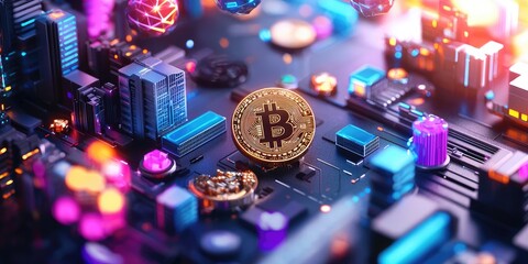 Leinwandbilder - In a futuristic landscape, blockchain technology, a revolutionary force, unlocks the potential of decentralized finance, powered by tokens and digital currencies like Bit