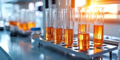 Fototapete - In a sterile laboratory, a row of clear test tubes stood ready, filled with a vibrant liquid, their contents hinting at the promise of groundbreaking medical discoveries.