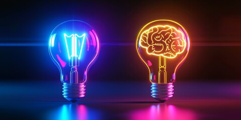Poster - A sleek vector illustration showcases two intertwined icons: a stylized light bulb, representing innovation and inspiration, with either a brain or gears inside, symboliz