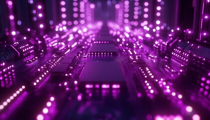 Aufkleber - AI chip with futuristic glowing circuits, advanced machine learning processing, and a hightech purple digital environment, symbolizing cuttingedge computing technology