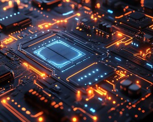 Fototapete - Closeup of a detailed computer circuit board with intricate blue traces and glowing components, futuristic tech art, ultrarealistic 3D rendering