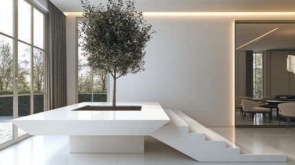 Poster - modern interior design featuring minimalist white platform with tree, large windows allowing natural light, and sleek staircase, creating serene atmosphere