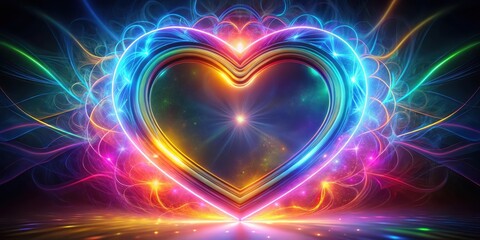 Wall Mural - A luminous heart-shaped portal of vibrant energy, radiating colorful light trails and cosmic dust, evokes feelings of love and wonder