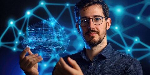 Fototapete - A businessman, his face lit by the glow of a digital screen, holds out a text-based blockchain interface. Behind him, a blue security backdrop is adorned with network con