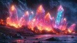 Fantasy realm with glowing crystal formations in unique shapes, radiating vibrant colors for immersive gaming and speculative fiction