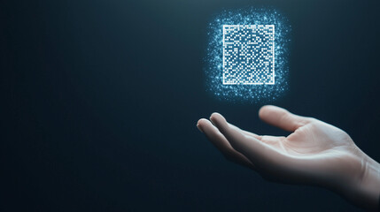 Digital Touch: A hand seemingly interacting with a glowing, futuristic QR code, suggesting cutting-edge technology, data access, and digital connection against a dark background.