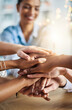 © peopleimages.com - Business people, hands together and goal for agreement, partnership and solidarity or office collaboration. Group, employee or workers hand pile in team building, motivation or meeting for support