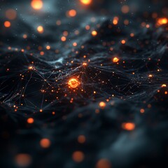 Fototapete - Connected Orbs: Abstract Network of Nodes and Lines with Warm Glow on a Dark Backdrop
