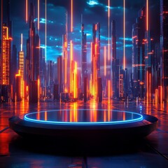 Aufkleber - Cyberpunk Cityscape with Neon Platform: A Futuristic Metropolis of Light and Innovation