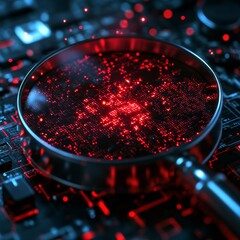 Fototapete - Cybersecurity Inspection: A Magnifying Glass Scrutinizing a Glowing Red Circuit Board for Threats and Vulnerabilities