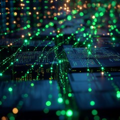 Aufkleber - Digital Realm: Green Lights Flowing Across Interconnected Circuitry and Futuristic Data Networks