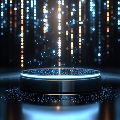 Poster - Futuristic Podium with Glowing Particles and Bokeh Lights, Ideal for Product Showcase and Technology-Related Presentations