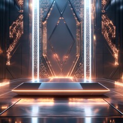 Poster - Futuristic Stage: Luminous Lines and Geometric Design in a Sci-Fi Environment Ready for Presentation