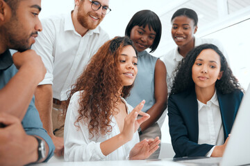 Poster - Laptop, staff and mentor for helping on idea in office, teamwork and teaching interns in meeting. Business people, talking and website for company tasks agenda, support employees and feedback report