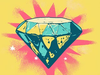 Wall Mural - Whimsical Diamond Gemstone with Star Accents on Yellow Backdrop Artistic Design