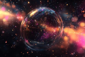 Wall Mural - expansive view of a cosmic sphere surrounded by vibrant particles in deep space environment, backgro