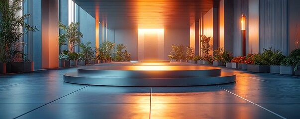Wall Mural - metallic silver podium with reflections in a high tech industrial warehouse backdrop