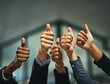 © peopleimages.com - Thumbs up, team and business people closeup for vote, yes or agreement for goal in office. Group, like hand or gesture for support, feedback or cooperation for quality service with success emoji sign