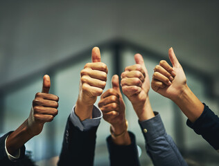 Aufkleber - Thumbs up, team and business people closeup for vote, yes or agreement for goal in office. Group, like hand or gesture for support, feedback or cooperation for quality service with success emoji sign