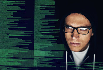 Wall Mural - hacker, coding and man in night with system, hologram and information technology, criminal and typin