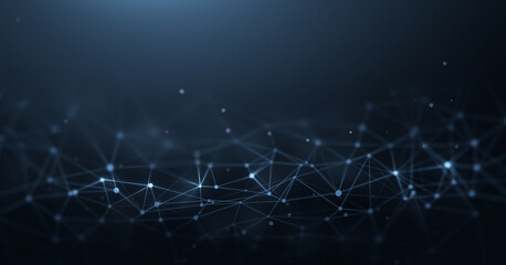 Abstract network background with connected dots and lines in dark blue tones.