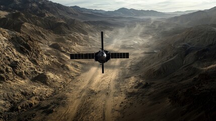 Leinwandbilder - Exploration mission launching satellite over rugged mountains aerial view futuristic technology environment