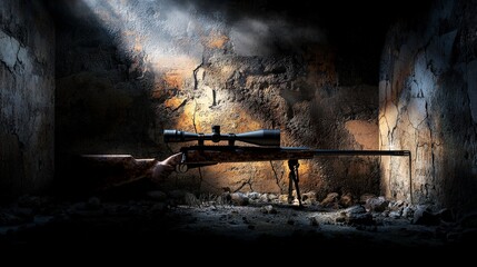 Poster - Sniper rifle displayed in abandoned structure dark environment artistic composition evocative mood