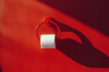 Fototapete - Bright red wall features a simple toilet paper roll hanging in a circular holder casting a shadow in the afternoon sunlight